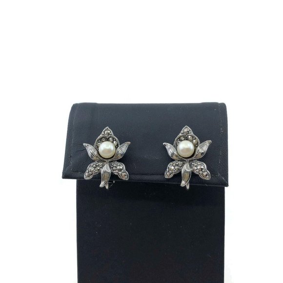 Vintage Orchid Earrings Clip On Faux Pearl Marcasi - Picture 3 of 11
